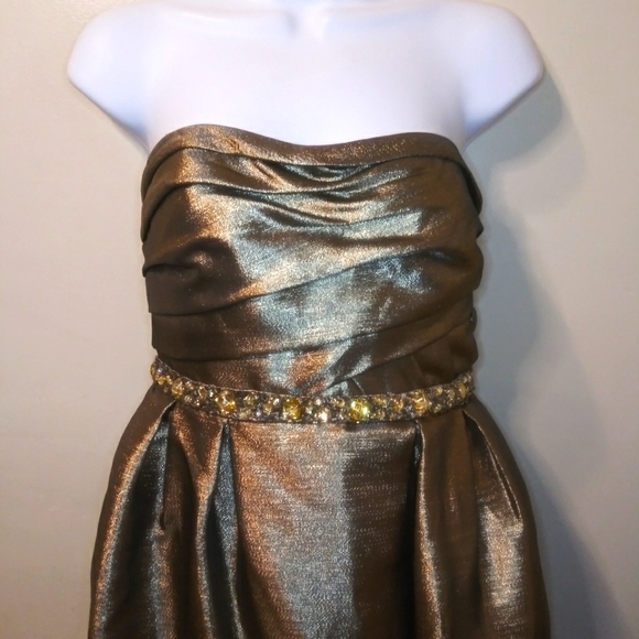 Monique Lhuillier Strapless Sparkly Bronze Lame´ Beaded Waist Evening Gown - Picture 2 of 16